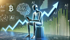 Uma imagem moderna e minimalista representando a ascensão da IA nos investimentos. No centro, uma figura humana estilizada conectada a uma rede neural de dados financeiros, segurando um dispositivo móvel. Ao fundo, um gráfico de linhas ascendente simbolizando o crescimento do mercado. Cores: azul, verde e dourado. Mensagem: a IA está democratizando o acesso a informações financeiras e empoderando os investidores individuais.