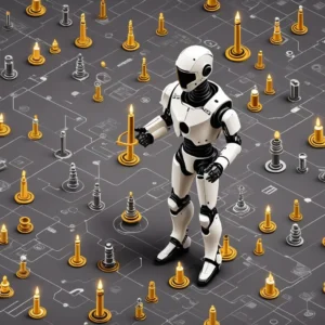 Uma arte digital futurista representando as aplicações práticas da IA nos investimentos. No centro, uma mão robótica segurando um gráfico de candlestick, cercada por ícones representando análise preditiva, gerenciamento de risco, detecção de fraudes, automação de processos e atendimento ao cliente. Ao fundo, um mapa-múndi estilizado com redes neurais e fluxos de dados. Cores: azul, verde e laranja. Mensagem: a IA está transformando o cenário financeiro com suas diversas aplicações.