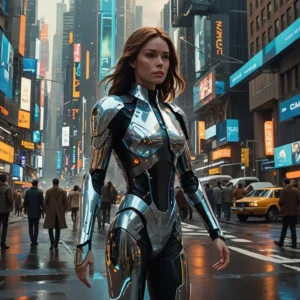 Uma arte digital futurista representando o futuro da IA nos investimentos. No centro, uma figura humana estilizada interagindo com uma interface holográfica exibindo dados financeiros em tempo real. Ao fundo, um cenário urbano futurista com arranha-céus e fluxos de dados. Cores: azul neon, roxo e dourado. Mensagem: a IA está moldando o futuro dos investimentos, oferecendo soluções personalizadas e empoderando os investidores.