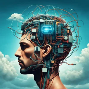 Uma ilustração digital com elementos abstratos e surrealistas representando os desafios e considerações éticas da IA nos investimentos. No centro, um cérebro humano conectado a um circuito eletrônico, com um ponto de interrogação no centro. Ao fundo, uma balança estilizada com um dos pratos levemente inclinado para baixo. Cores: azul, vermelho e cinza. Mensagem: a IA nos investimentos apresenta desafios éticos que precisam ser abordados para garantir sua utilização responsável.