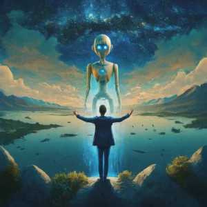 Uma ilustração digital com um toque de realismo mágico, representando um investidor de costas com os braços abertos em direção a um horizonte amplo e aberto. Ao lado da figura, um holograma ou representação visual da IA. Cores: azul, dourado e verde. Mensagem: abrace a IA e potencialize seus investimentos, navegando no futuro com confiança e alcançando seus objetivos financeiros.