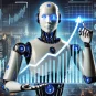 Um robô humanoide segurando um gráfico de ações em ascensão, simbolizando o poder da IA nos investimentos. Ao fundo, um cenário urbano futurista, representando as possibilidades e oportunidades que a IA oferece para o futuro dos investimentos.