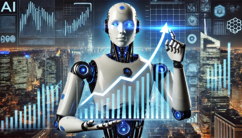Um robô humanoide segurando um gráfico de ações em ascensão, simbolizando o poder da IA nos investimentos. Ao fundo, um cenário urbano futurista, representando as possibilidades e oportunidades que a IA oferece para o futuro dos investimentos.